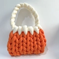 Handmade chunky knit handbag in vibrant orange and white contrasting cotton yarn - Orange + Milky White