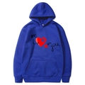 Blue hoodie for Valentine's Day featuring red heart puzzle print and kangaroo pocket - S / Tops / Blue