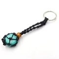 Ethnic style woven net keychain featuring a green turquoise raw stone and wooden bead - Blue Turquoise + Black Mesh Keychain