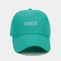 Detail of white PARIS embroidery on mint green cotton twill baseball cap with six panels - Teal