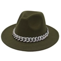 Detail view of dark green felt fedora hat featuring a chunky rhinestone acrylic chain - Army Green