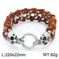 Men's gothic brown braided leather bracelet with silver skull heads, 220mm length - Brown Skull Style (KB43504-D)