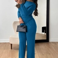 Elegant navy blue two-piece set featuring long sleeve top and high waist wide leg trousers - S / Blue