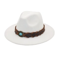 Detail of white fedora hat with woven brown leather band and turquoise stone accent - M (56-58cm) / White