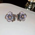 Vintage style purple enamel flower earrings with pearls and crystals on white dish - 11# Silver Pin Rhinestone Pearl Enamel Flower Stud Earrings