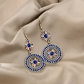 Bohemian sunflower drop earrings with blue enamel finish on luxury champagne satin silk - Double Layer Disc Color Enamel Style (E4967-1)