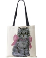 Off-white linen tote bag with long-haired kitten print and pink bow decoration - 16 Kitten with Bow