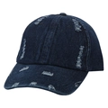 Detail shot of heavy distressed denim baseball cap with vintage washed torn elements - One Size / Navy Blue (Slight Distressed)