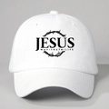 Adjustable white cotton baseball cap with black Jesus Way Truth Life religious print - One Size / White