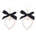 Detail of black bow earrings with heart-shaped faux pearl pendant and gold-tone hooks - Black (Gold Hook)