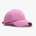 Pink cotton baseball cap with cream P towel embroidery detail in 45-degree side view - Adjustable / Rose Red