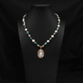 Bohemian baroque petal necklace with turquoise and white freshwater mabe pearl pendant - Turquoise Inlaid Pendant
