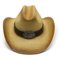 Western straw cowboy hat with vintage metal buckle and decorative brown faux leather band - M(56-58cm) / Khaki