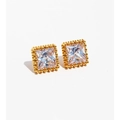 Gold plated square zircon ear cuff with beaded edge detail on white background - Square Zirconia Stud Earrings (845 Earring) / Gold