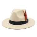 Detail view of beige wool felt hat featuring a black ribbon band and decorative feather - M (56-58cm) / Beige