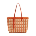 Handmade straw tote bag featuring orange and beige checkerboard pattern with shoulder straps - 40cm*14cm*25cm / Orange