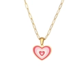 Collana a catena paperclip dorata con pendente a cuore multistrato in smalto rosso e rosa - Collana con Pendente a Cuore Concentrico Rosa