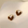 Chic coffee brown enamel heart-shaped hoop earrings with gold-tone finish and clasp - Dark Coffee