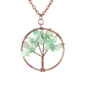 Antique copper Tree of Life pendant necklace with green natural stone chips in white background - 3.5cm Diameter / Antique Copper/Green Aventurine