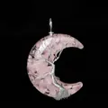 Pink crystal gravel tree of life crescent moon pendant with silver wire wrap finish - Rose Quartz Pendant-No Chain
