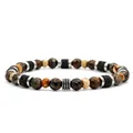 Natural stone beaded bracelet for men with volcanic lava and silver texture accent bead - Faceted Picture Stone Style (B052)