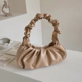 Ruched beige cloud bag with matching gathered handle made of soft vegan leather - Khaki