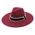 Vintage burgundy wide brim wool felt jazz hat with black pearl trim for men and women - M (56-58cm) / Burgundy