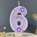 Number 6 birthday candle in light purple with glitter and small handmade flowers - Number 6