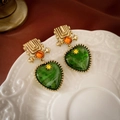 Vintage heart-shaped drop earrings with green resin and orange gems in gold finish - Silver Needle Heart Square Glass Earrings