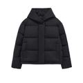 Detail of black hooded jacket featuring quilted patterns and a hidden zip placket - XS / Black
