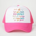 Pink and white trucker hat with colorful motivational text and mesh back for sun protection - Rose Red
