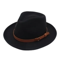 Classic black wide-brim Fedora hat with brown buckled band and decorative gold charms - One Size / Black (Heart Brim with Yellow Rope)