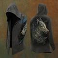 Detail view of the wolf head and moon print on back of dark grey hooded sweatshirt - Xjk01025072338