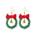 Christmas wreath earrings with green pine needles, red velvet bow, and golden bell charms - Pine Bell Bow (EHMT-007HJ-J)
