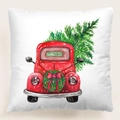 Funda de cojín navideña cuadrada con camión rojo vintage y árbol verde sobre lino blanco - Camión retro de acuarela con árbol de Navidad (36) / 45x45 cm