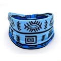Elastic blue headband with black African tribal totem patterns and geometric design - Style 7
