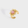 Adjustable golden sun ray ring featuring a round pink stone in minimalist boho style - Pink (YYR023124-P)