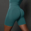 Detail der nahtlosen dunkelgrünen Yogashorts mit hohem Rippbund und Gesäßstraffungseffekt - Blau