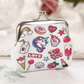 White mini coin purse with metal clasp and colorful embroidered unicorn patches - Heart Unicorn