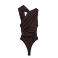 Detail of dark brown ruched mesh bodysuit featuring an asymmetrical one-shoulder design - Dark Brown