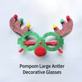 Green glitter Christmas reindeer glasses with brown antlers and colorful pom-poms decor - Pompom Large Reindeer Antler Glasses (Green Frame)