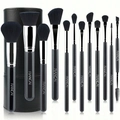 Black and gold 12-piece makeup brush set with elegant cylindrical leather storage case - 12pcs Black Bristles with Tube