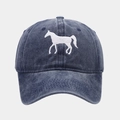 Close-up of white horse embroidery detail on washed blue cotton baseball cap fabric - Adjustable / Navy Blue
