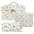 3-piece set of cream quilted cotton pouches with blue floral patterns for travel - Blue Gourd Floral Pattern