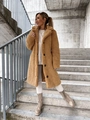 Nahaufnahme des Plüsch-Teddy-Fleece-Materials und des warmen Kameltons dieses langen Mantels - S / Khaki