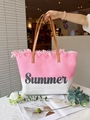 Sac fourre-tout en paille dégradé rose et blanc avec franges et lettrage Summer - Rose