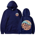 Dark blue hoodie with Forever Chasing Sunsets graphic, orange sunset and green wave print - S / Navy Blue