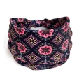 Elastic floral headwrap with pink flowers and orange geometric patterns on black fabric - Style 22