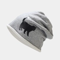Close-up of grey knitted beanie with realistic black cat print and soft cotton texture - Black Cat Print / Black Cat Light Gray