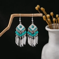 Ethnic silver tassel earrings with turquoise stones and feather charms on branch - Feather Tassel Artificial Turquoise Blue Style (E1481-1/Blue)
